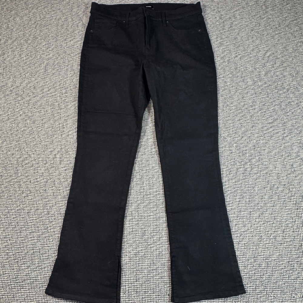 Womens Express Skyscraper Mid Rise Black Flare Jeans Side Slit Ankle 12S Short